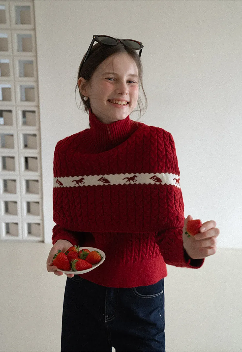 Turtleneck Cable Knit Sweater with Horse Pattern Stripe