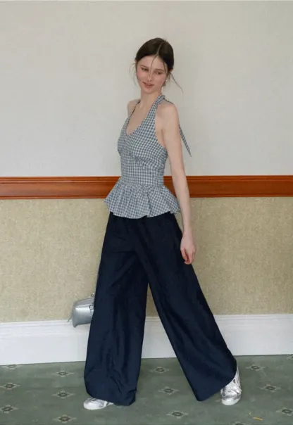 Strapless top with sheer neck tie and loose fit pants