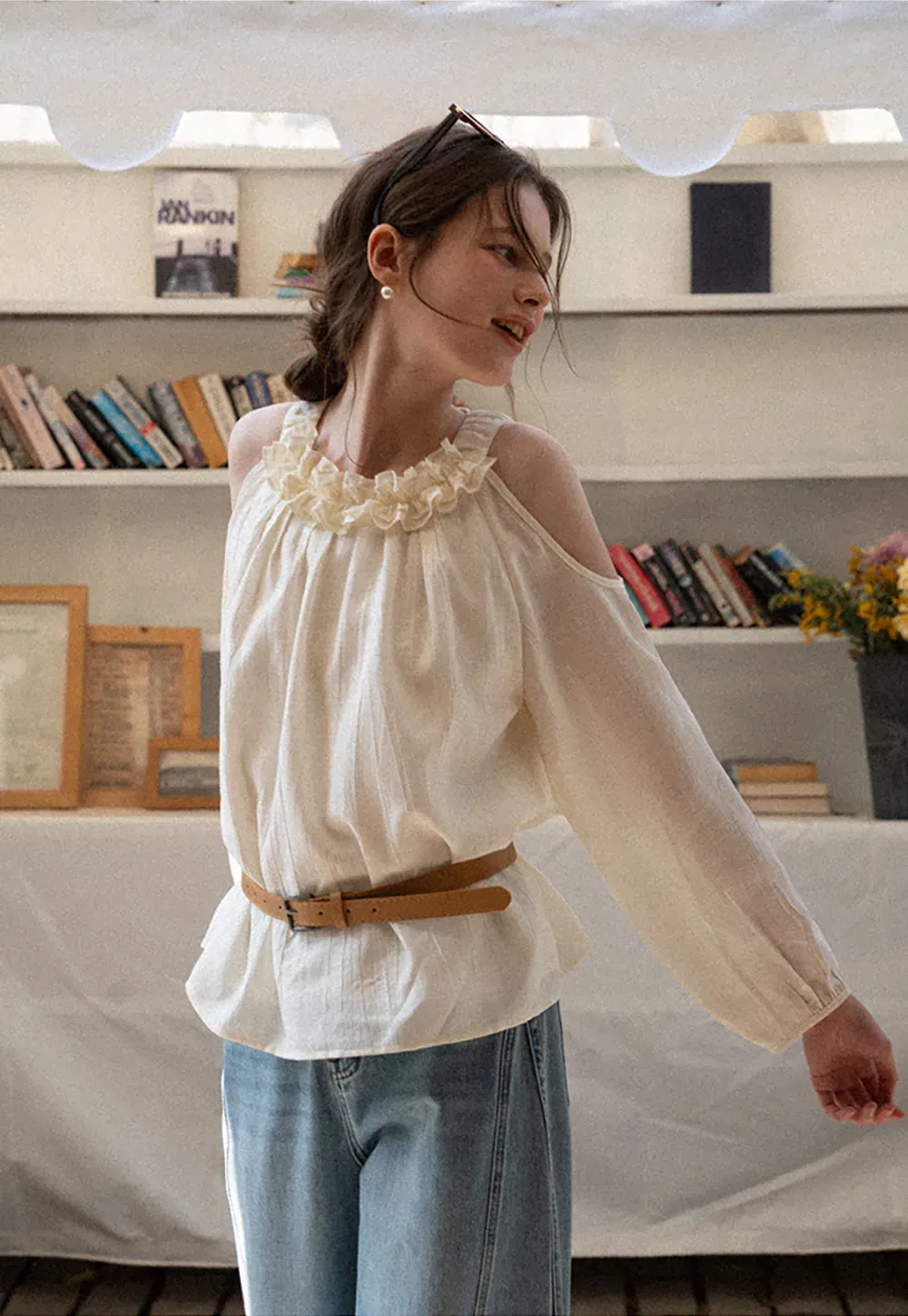 Lace Chiffon Blouse with Ruffled Neck and Cold Shoulder