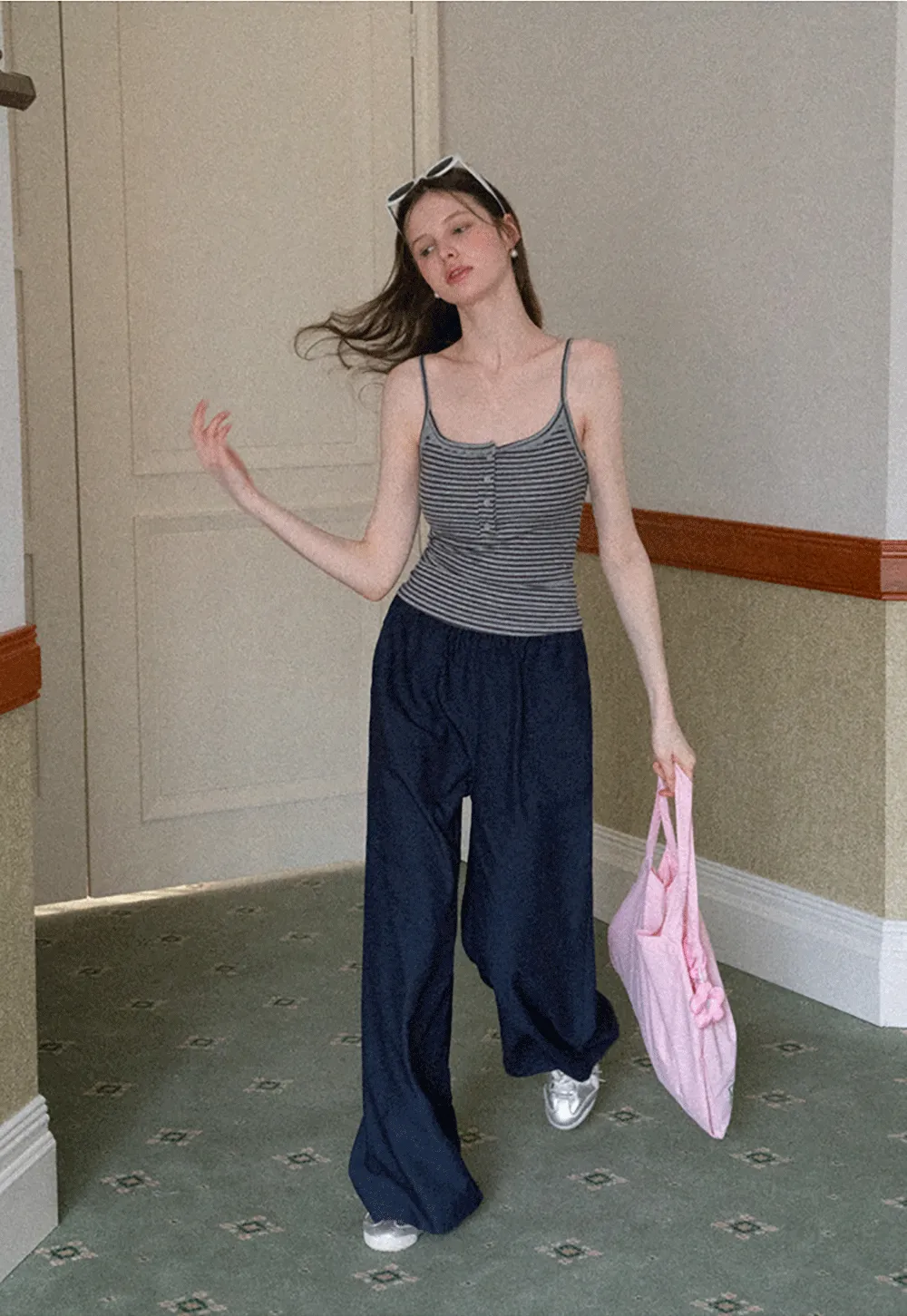 Strapless top with sheer neck tie and loose fit pants