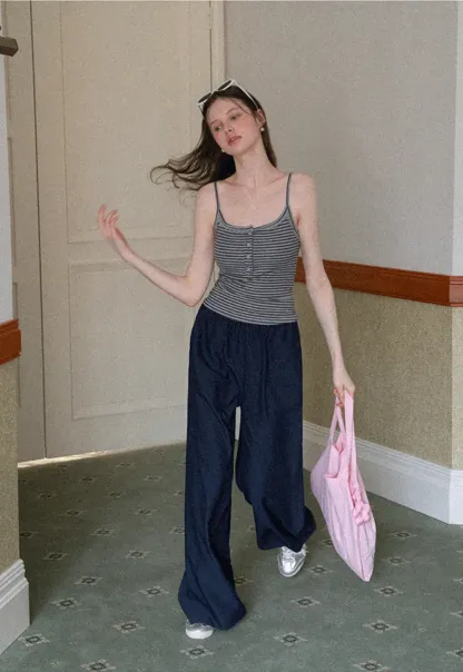 Strapless top with sheer neck tie and loose fit pants