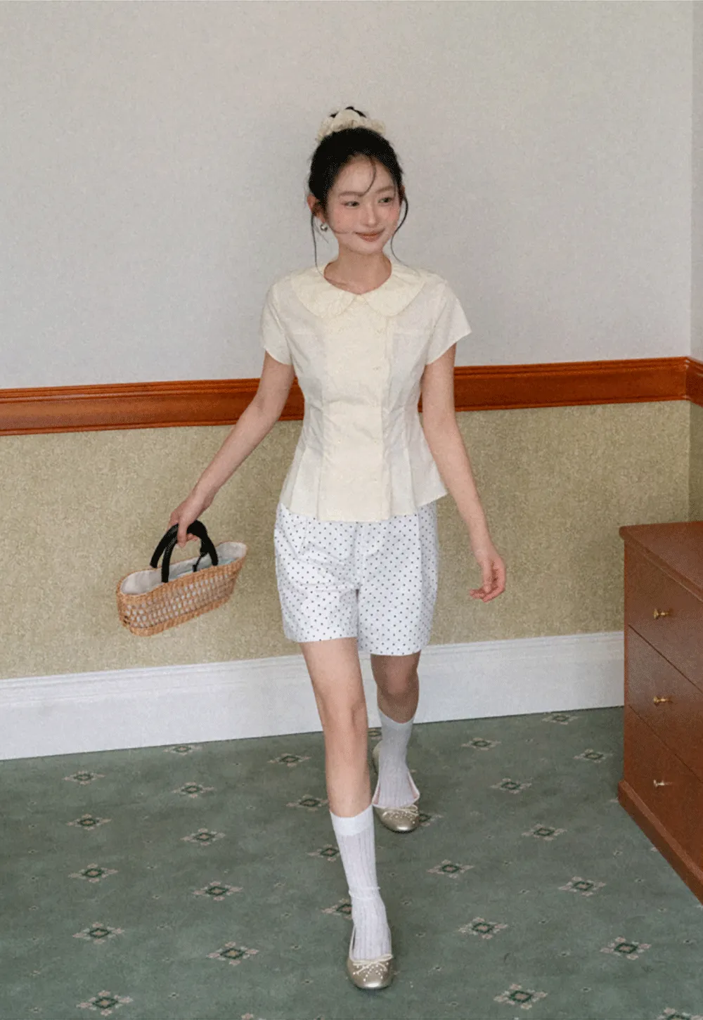 Short Sleeve Shirt with Peter Pan Collar and Peplum Hem