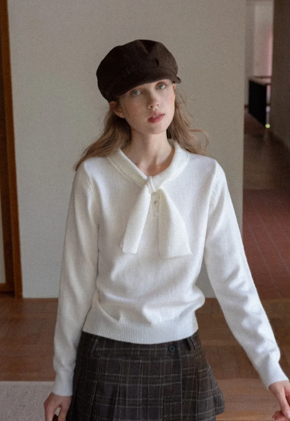 Womens Knit Sweater with Tie Neck