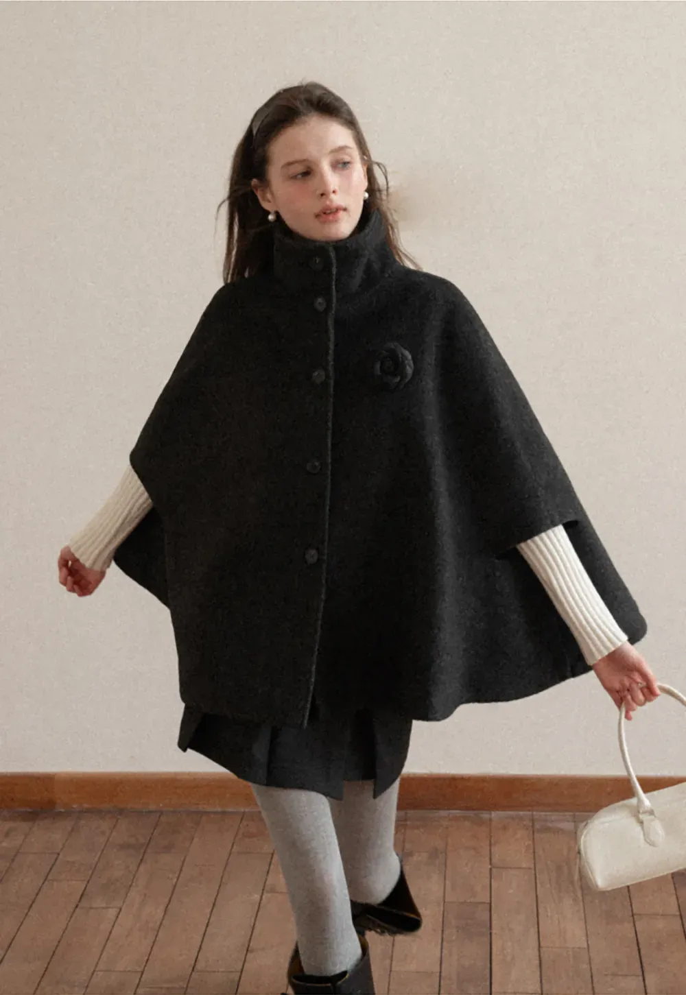 Wool Cape with High Neck Design