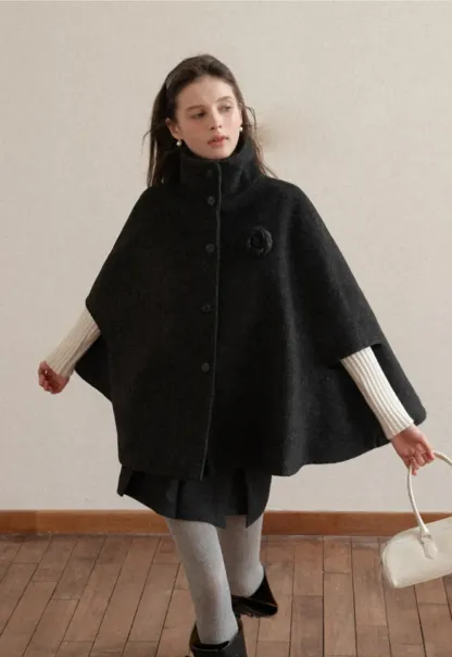 Wool Cape with High Neck Design