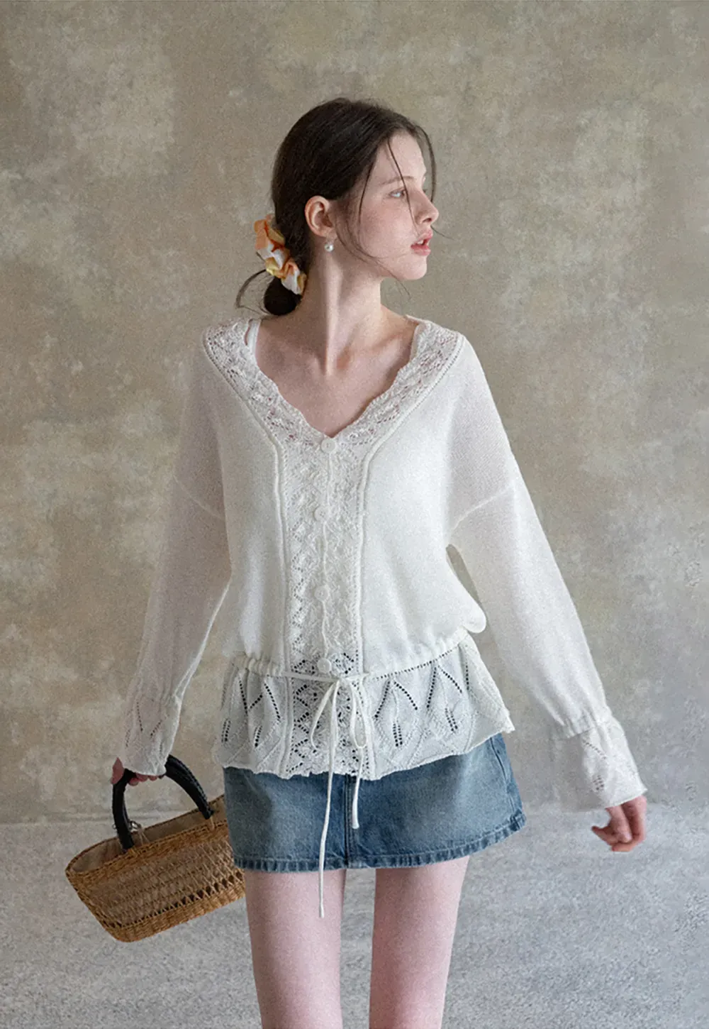 Lace Trimmed V Neck Knit Sweater with Drawstring Hem