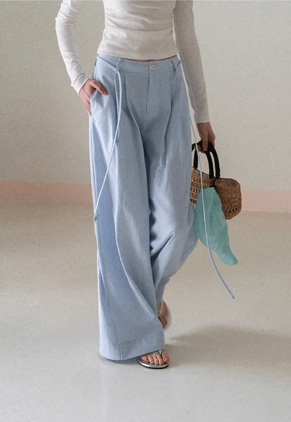Wide Leg Pleated Casual Pants with Drawstring Waist
