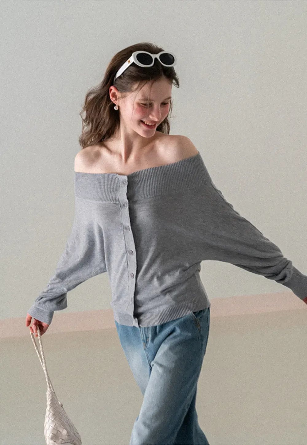 Off Shoulder Knit Cardigan with Button Front