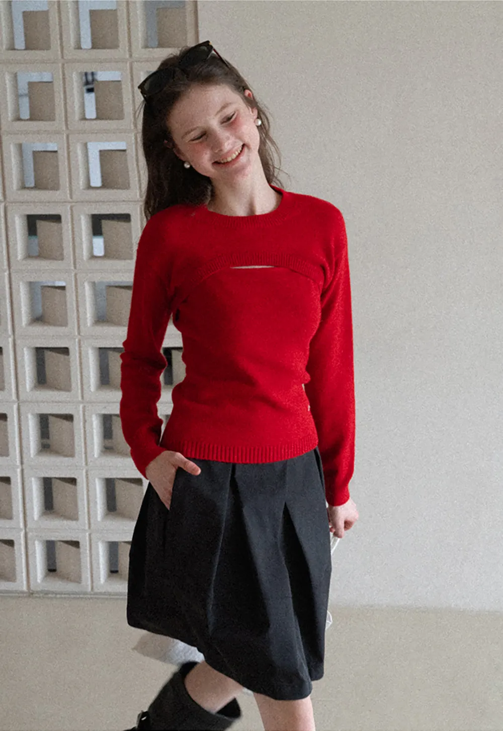 Cutout Detail Round Neck Knit Sweater