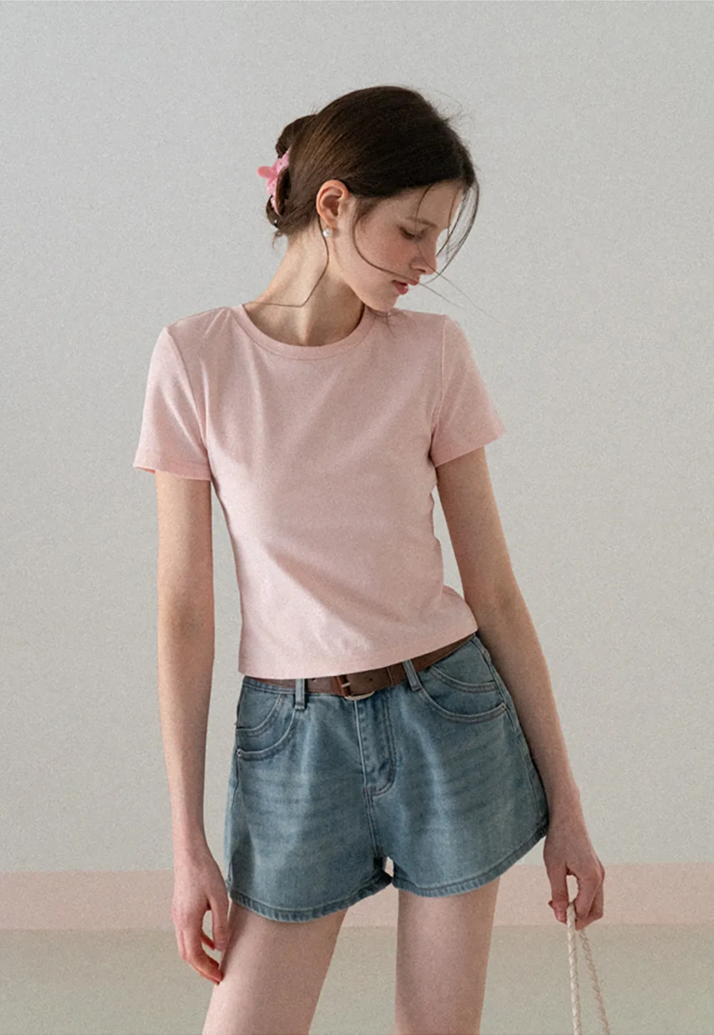 Short Sleeve Crew Neck T Shirt with Sheer Scarf Detail