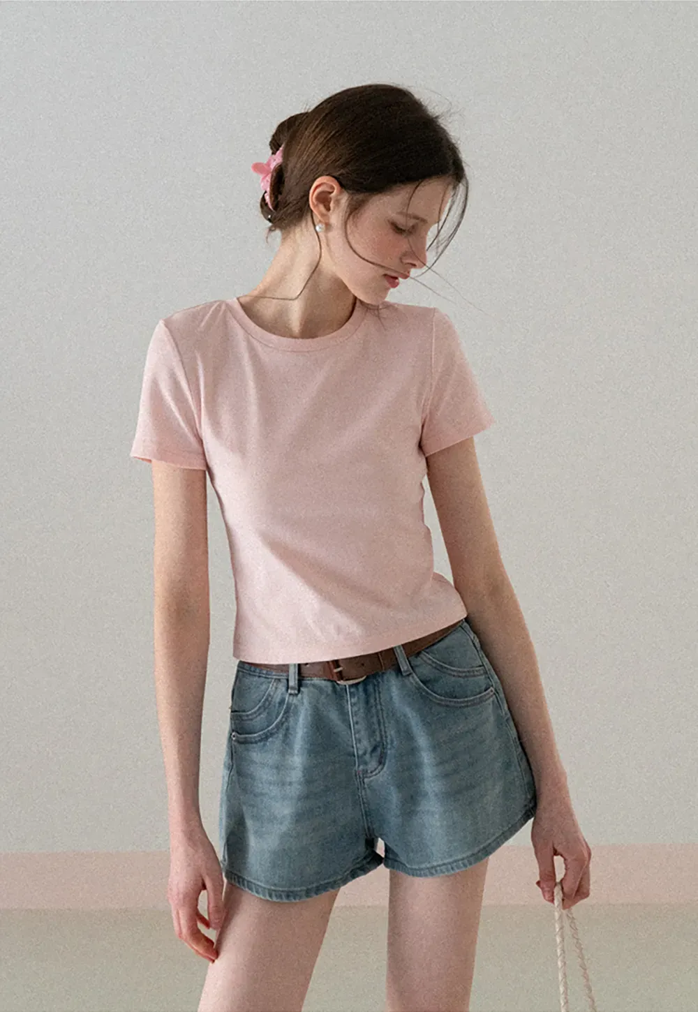 Short Sleeve Crew Neck T Shirt with Sheer Scarf Detail