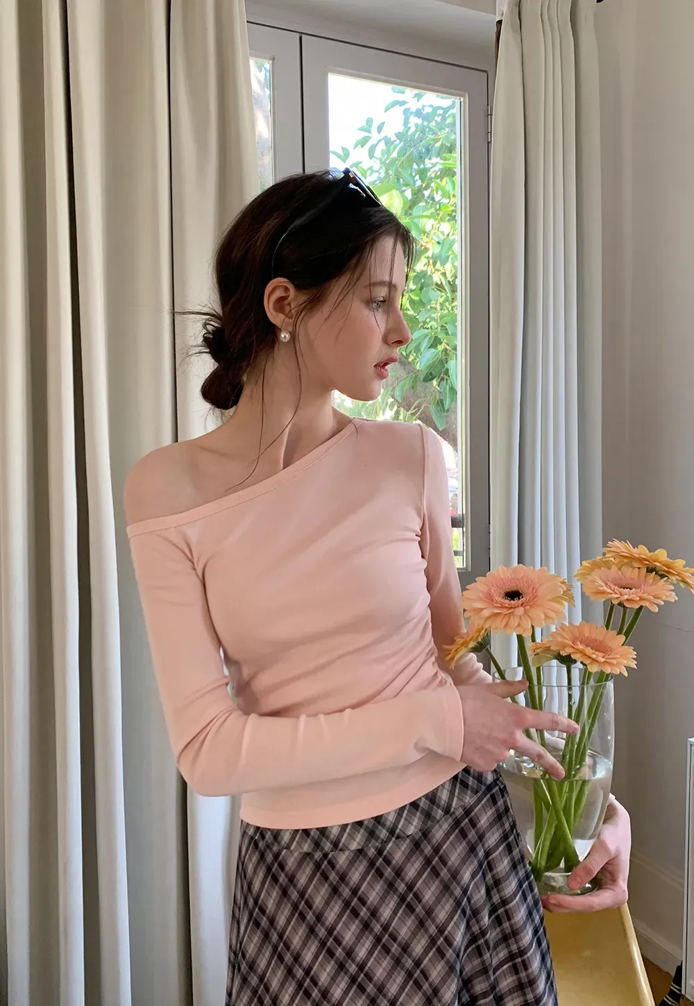 Asymmetrical long sleeve off shoulder top