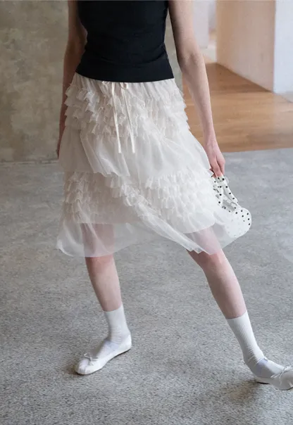 Tiered Ruffled Sheer Skirt with Drawstring Waist