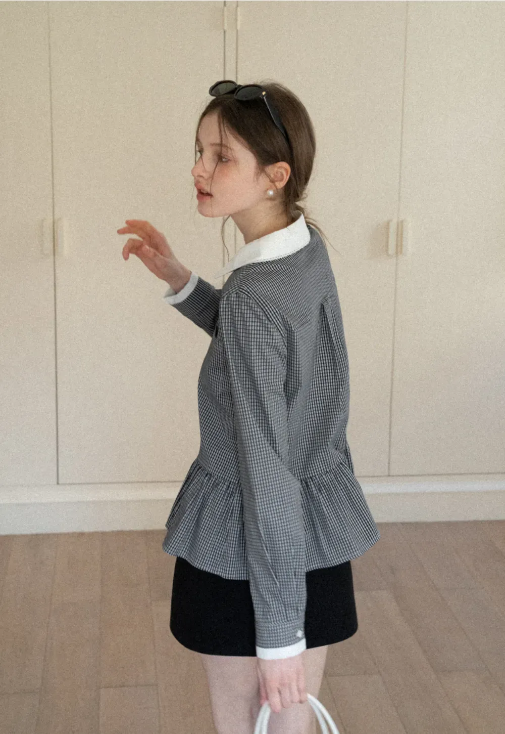 Peplum Gingham Collar Shirt with Flared Hem