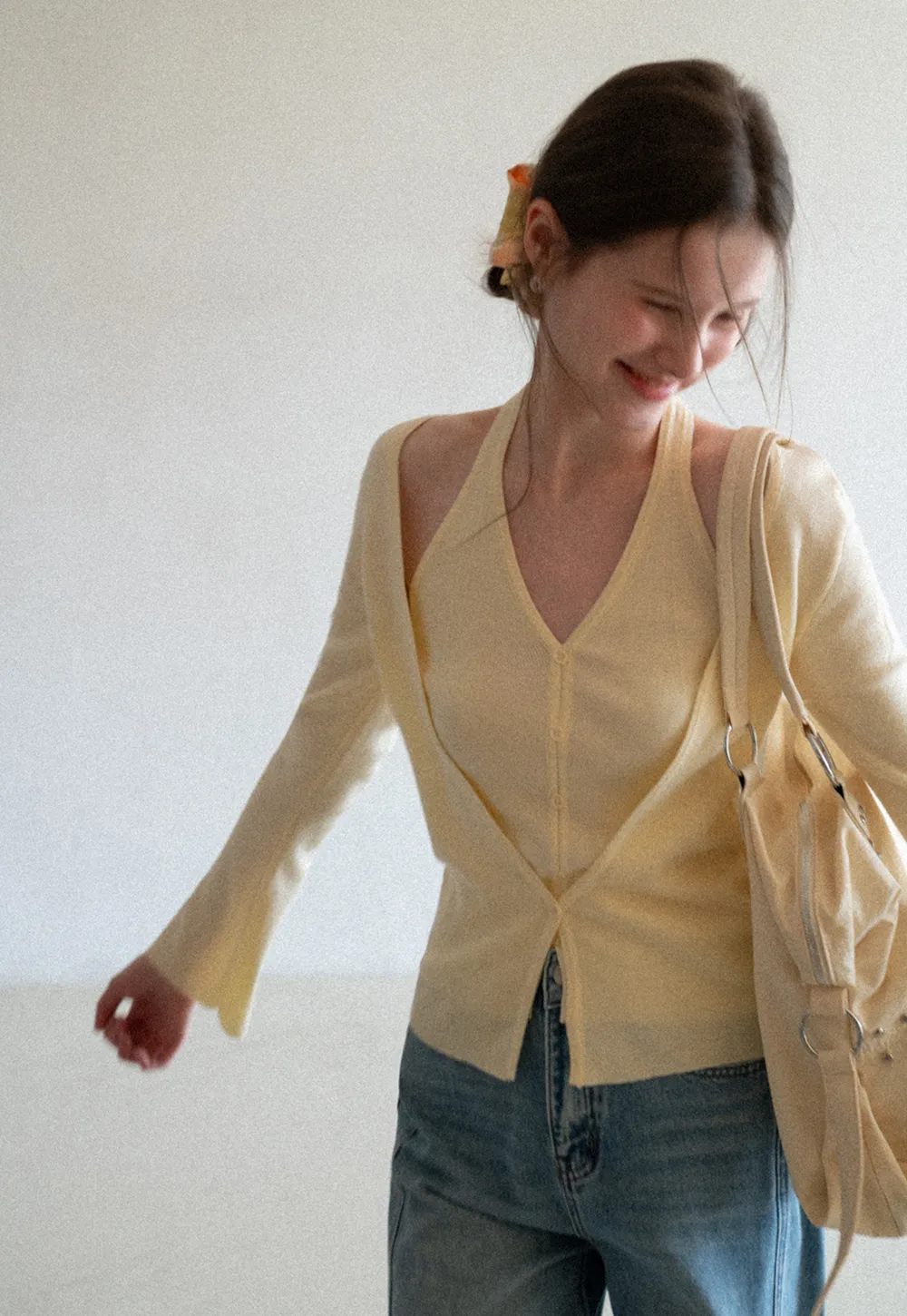 V neck long sleeve knit cardigan with open shoulders