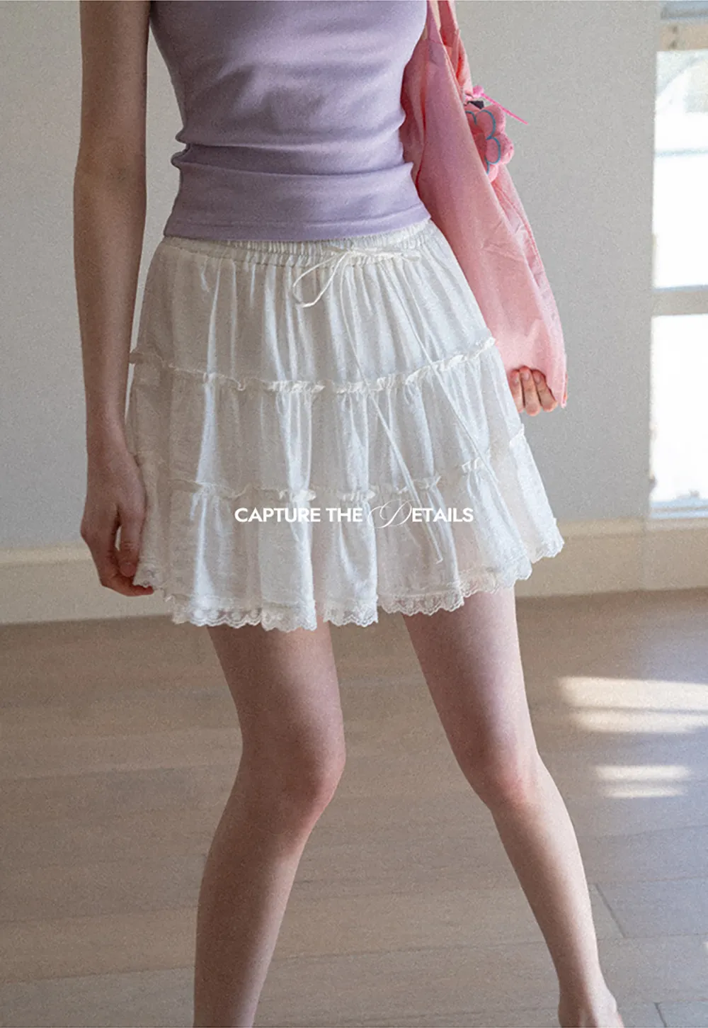 Tiered lace hem drawstring waist skirt