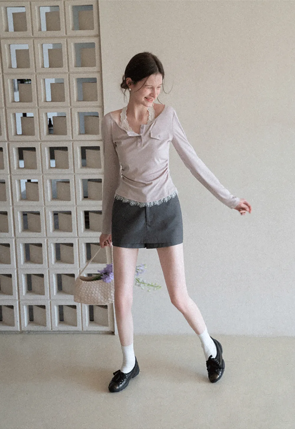 Long sleeve Henley top with lace trim