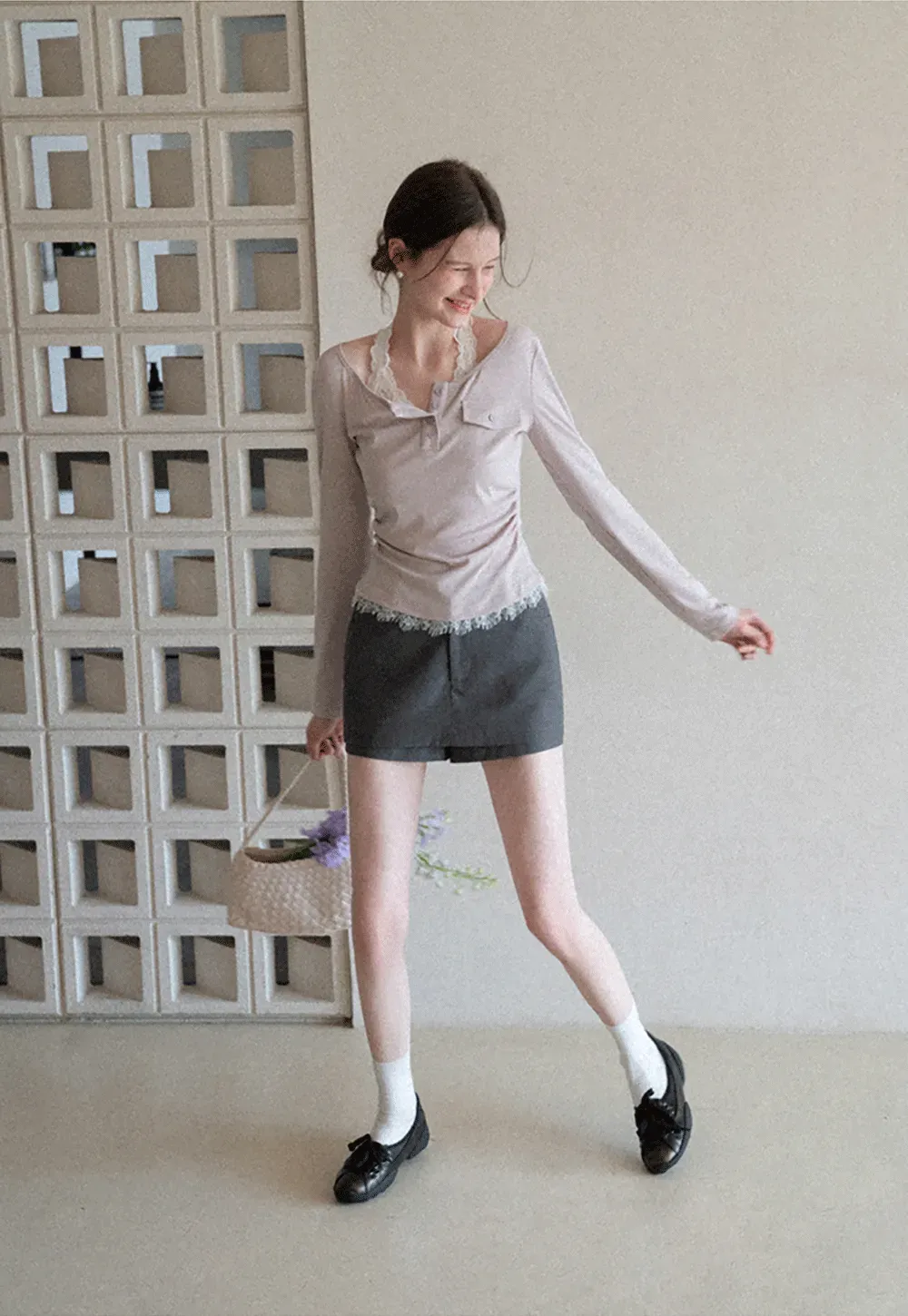 Long sleeve Henley top with lace trim