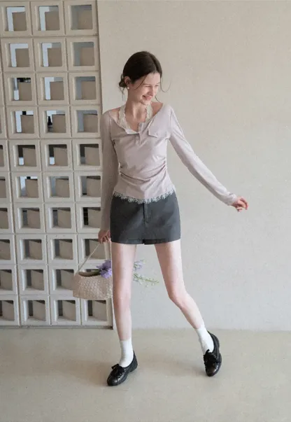 Long sleeve Henley top with lace trim