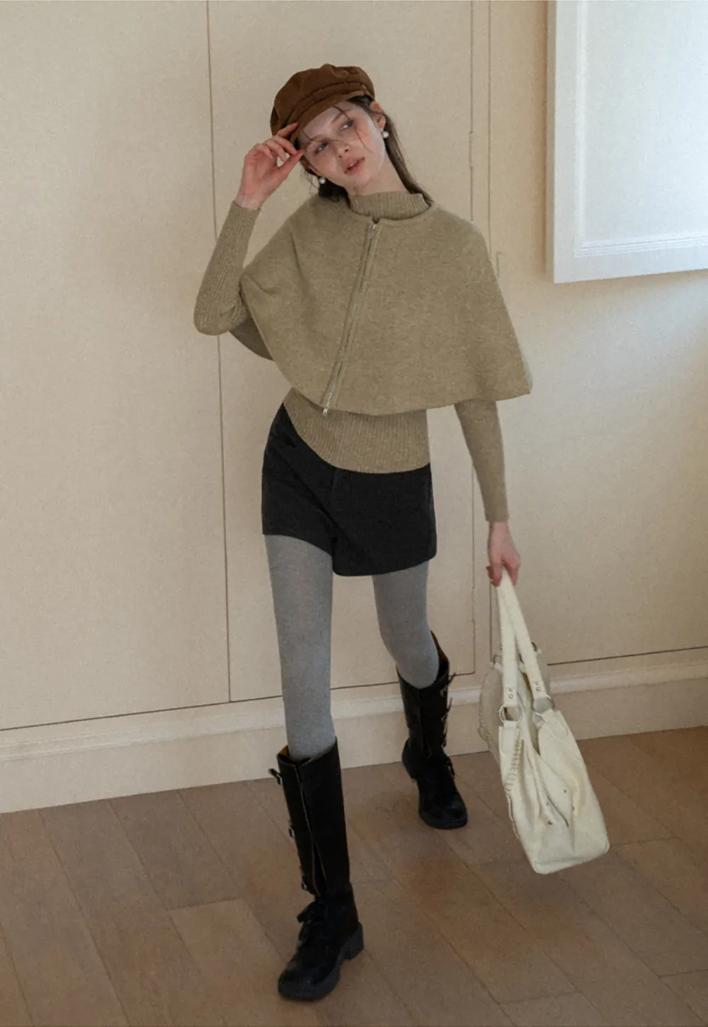 Zipper Front Knit Sweater with Wide Sleeves