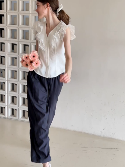 Ruffled Cap Sleeve V Neck Button Front Shirt