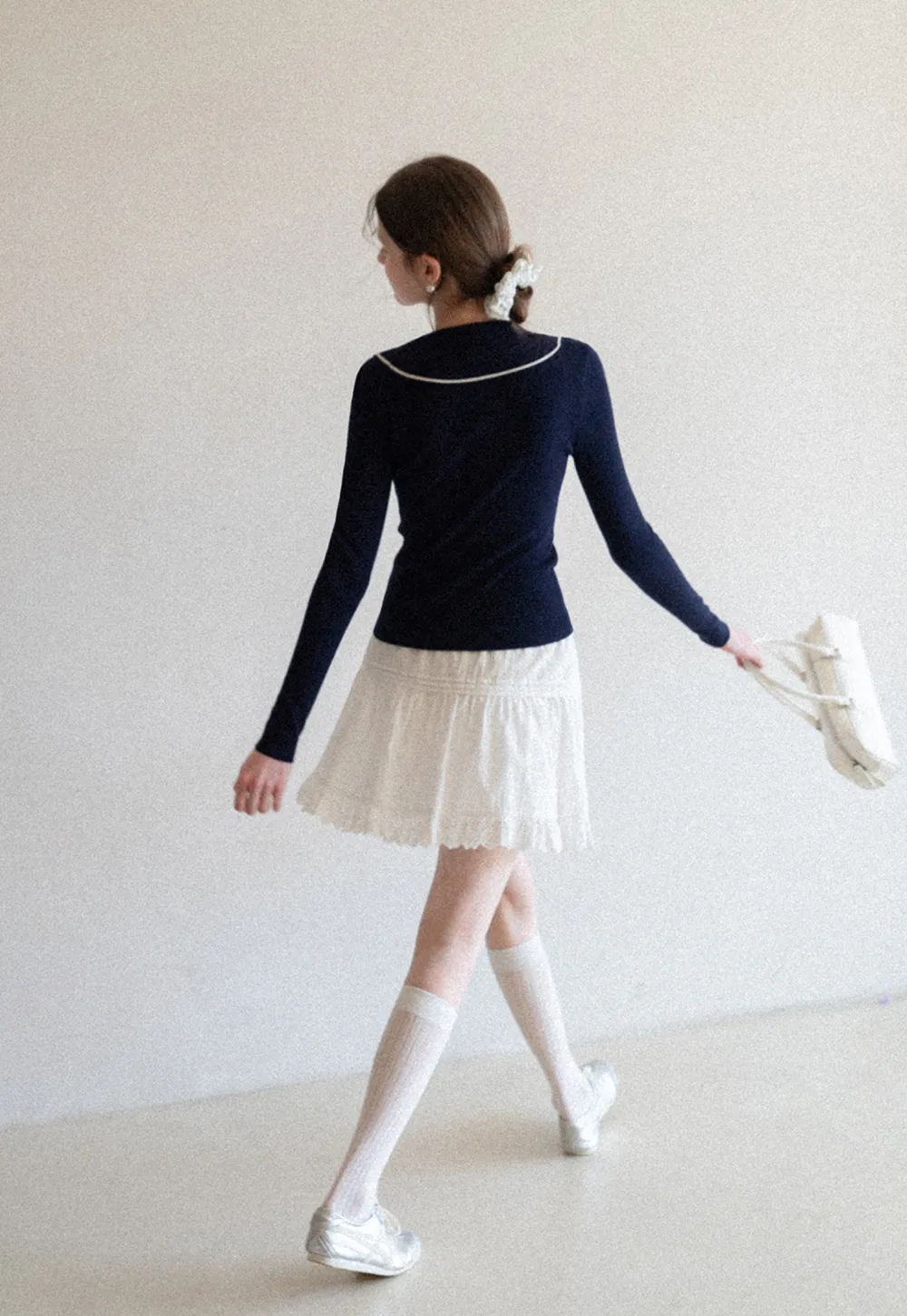 Knit Sweater with Collar and Tie Detail