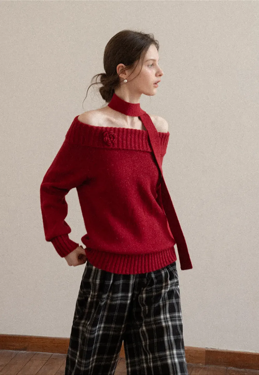 Elegant High Neck Knit Sweater with Tie Detail