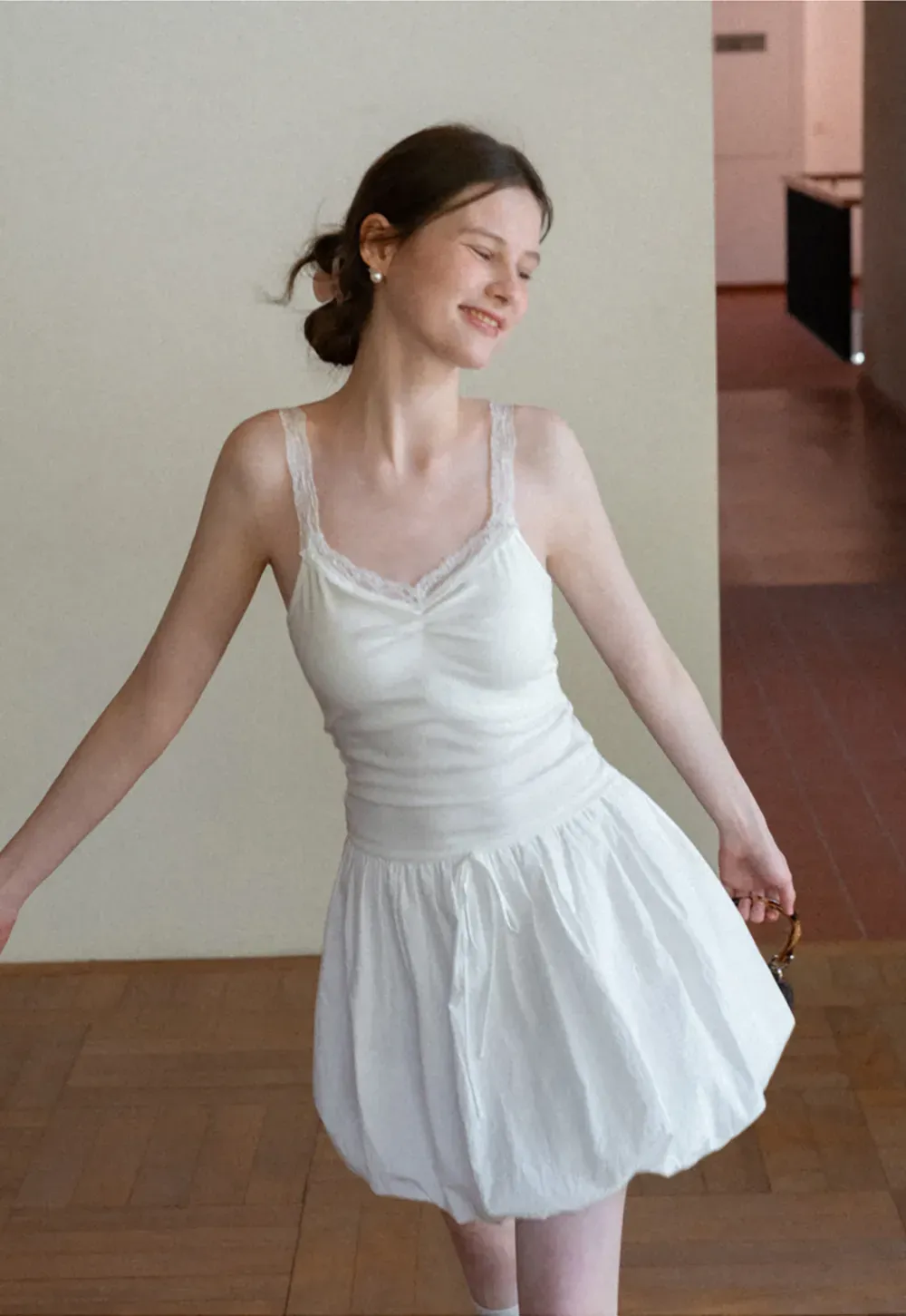 Lace Trimmed V Neck Camisole with Ruched Detail