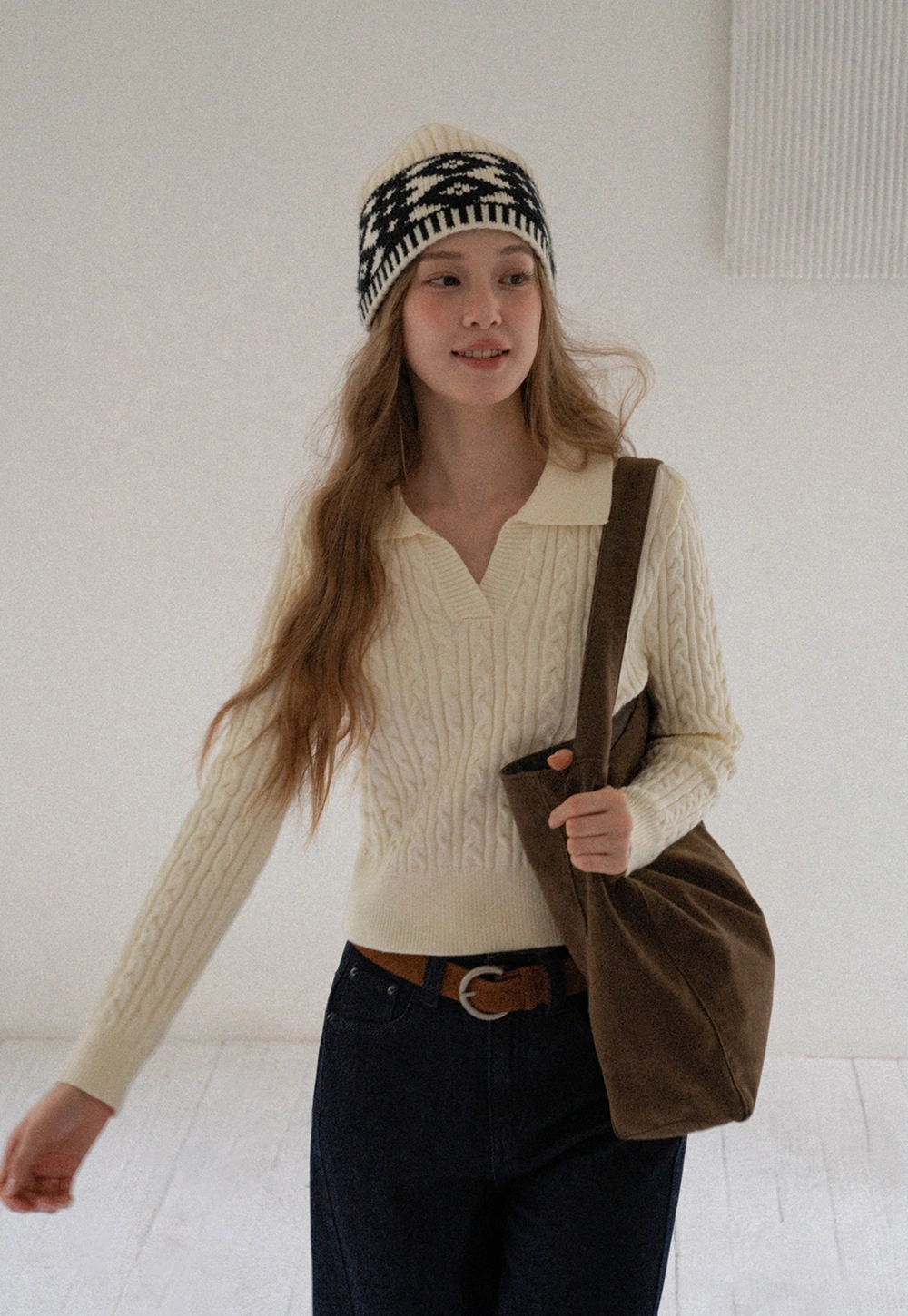 Women Cable Knit Polo Sweater Long Sleeve Slim Fit Pullover