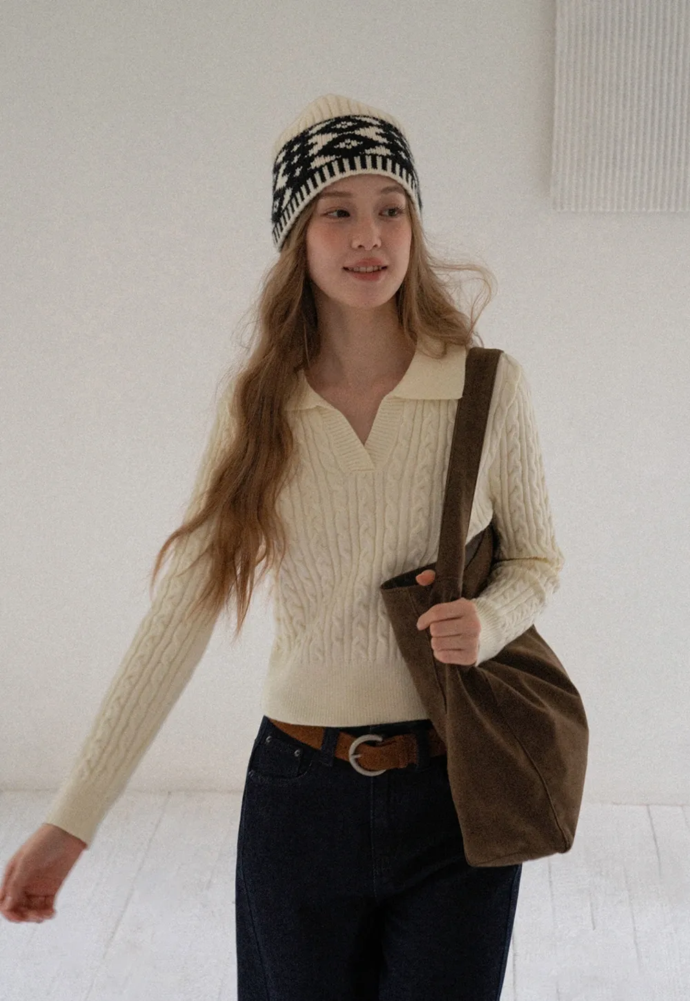 Women Cable Knit Polo Sweater Long Sleeve Slim Fit Pullover