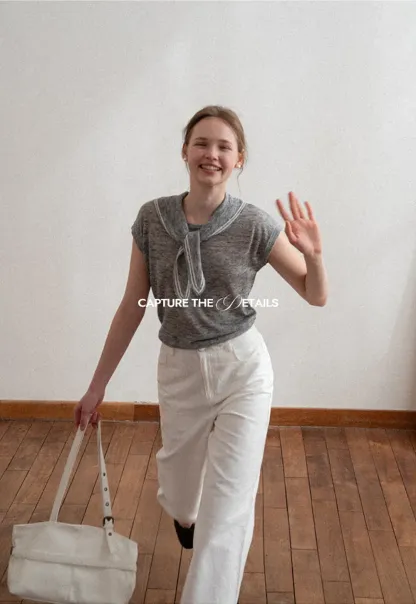 Short Sleeve Knit Sweater with Neck Tie Detail