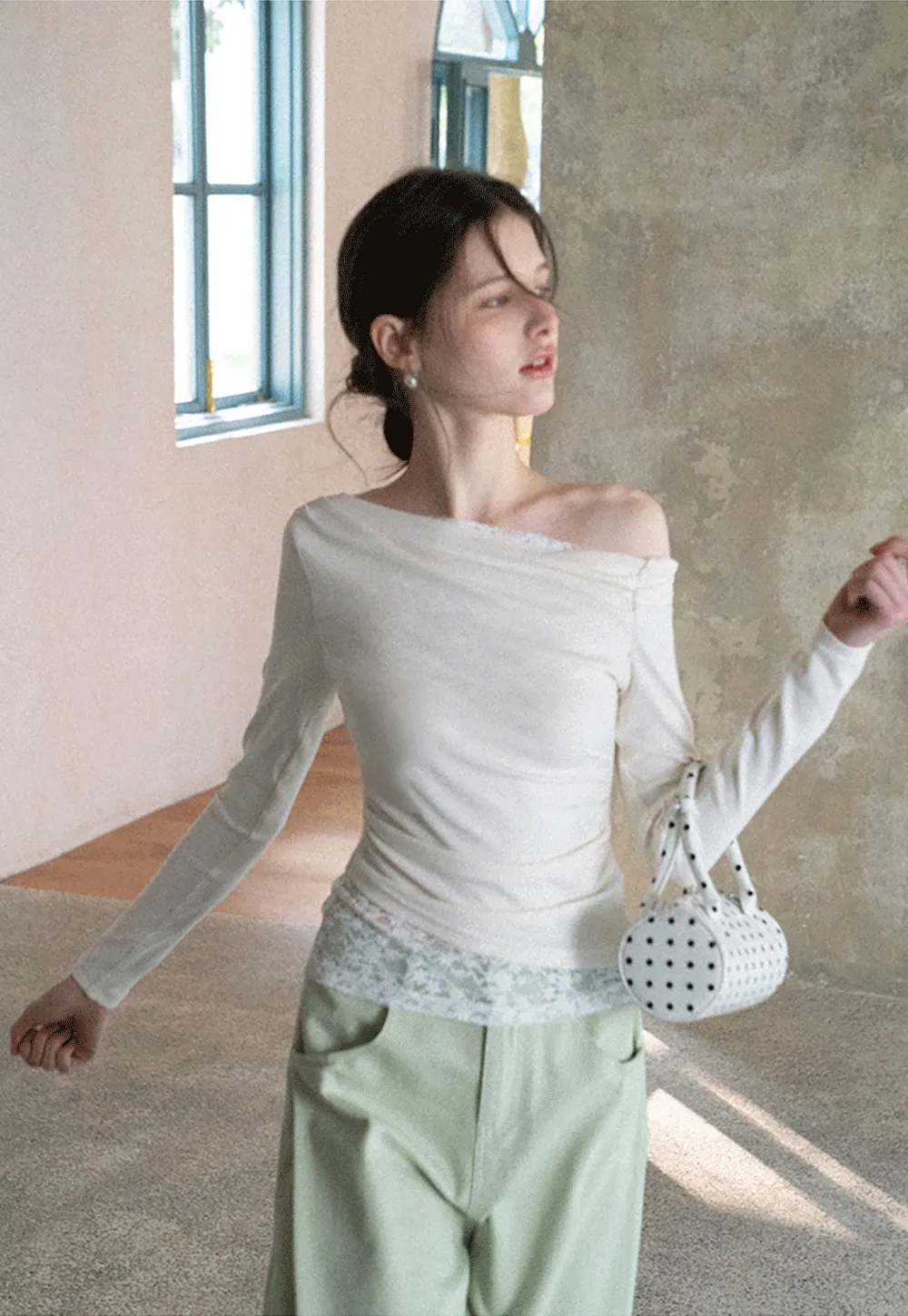 Off shoulder long sleeve top with lace trim