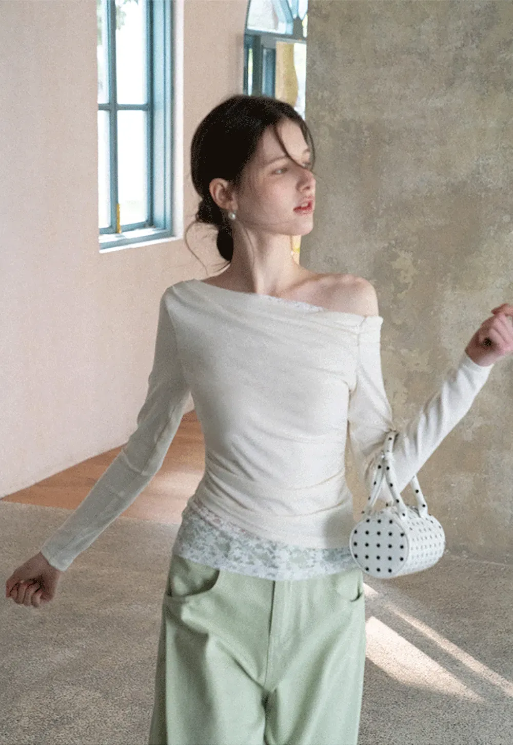 Off shoulder long sleeve top with lace trim