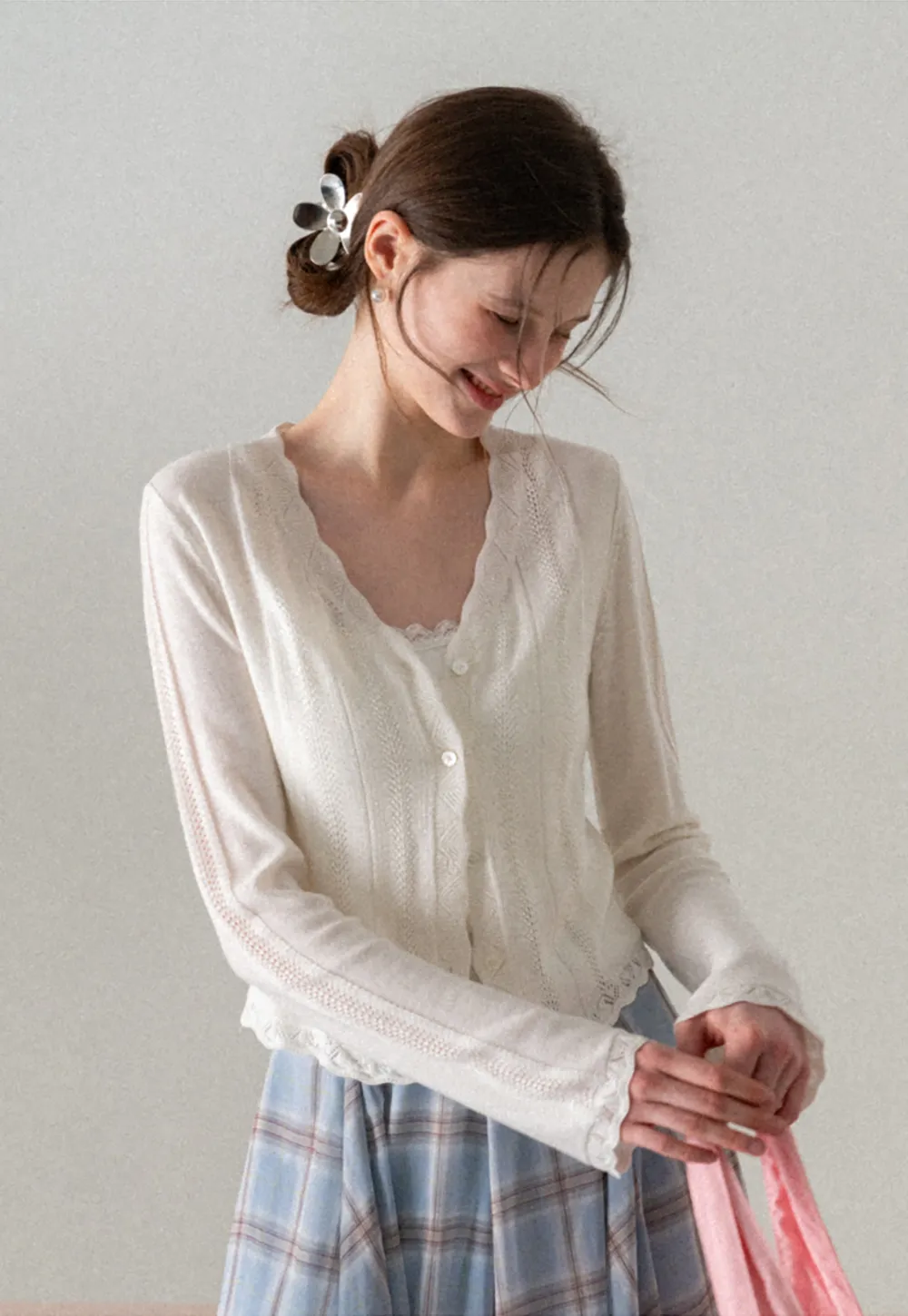 Long Sleeve Knit Sweater with Lace Trim