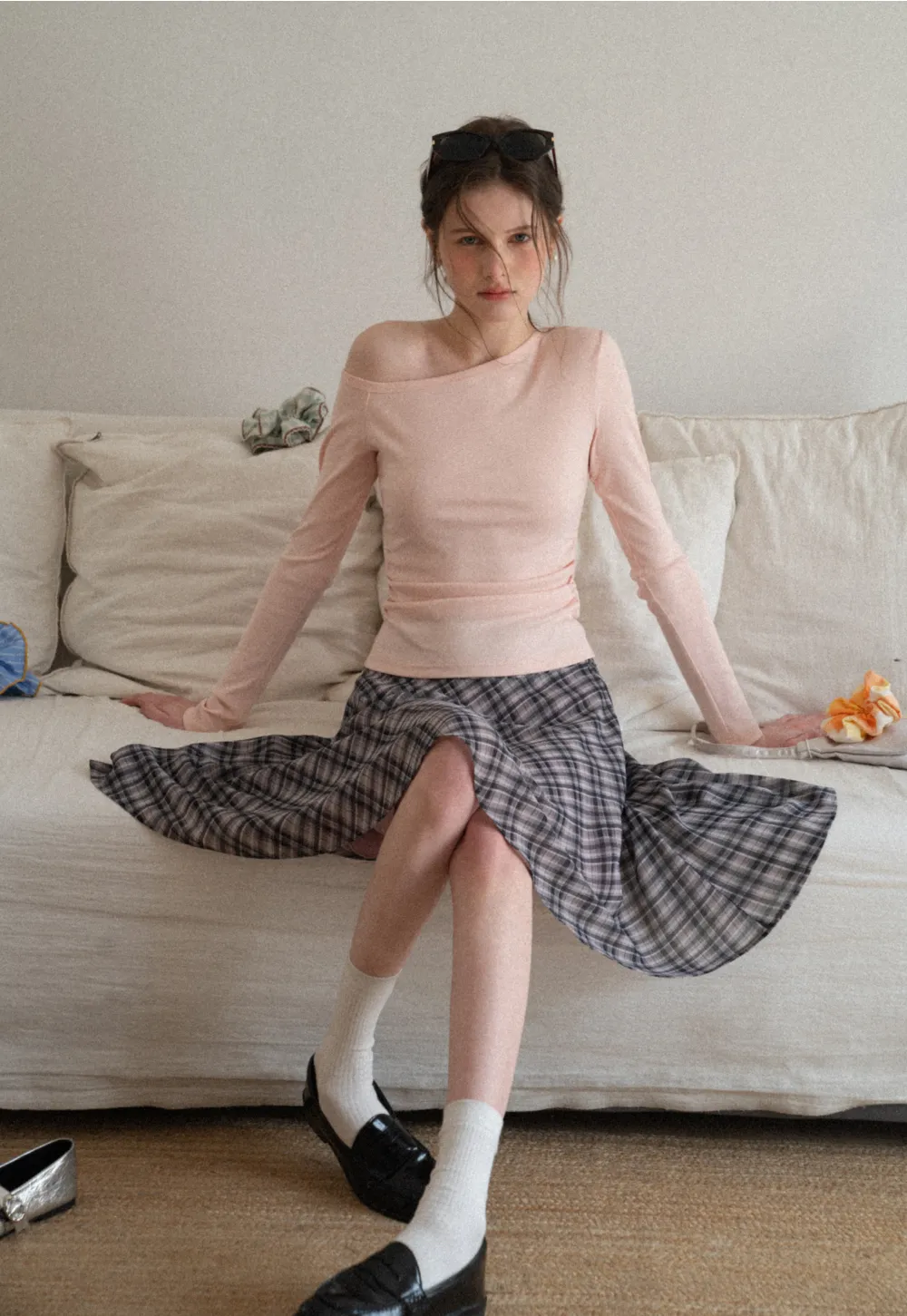 Asymmetrical long sleeve off shoulder top