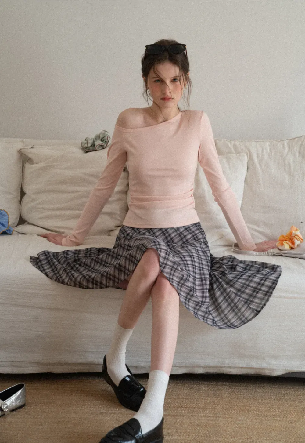 Asymmetrical long sleeve off shoulder top