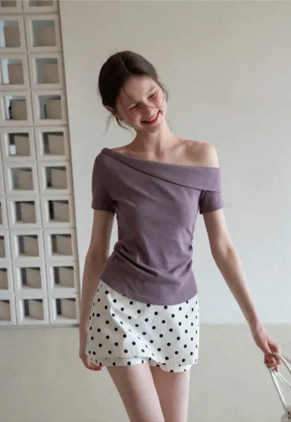 Polka dot off shoulder short sleeve tops