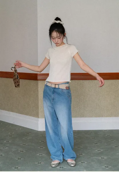 Short Sleeve Ribbed Knit Top with Raglan Sleeves