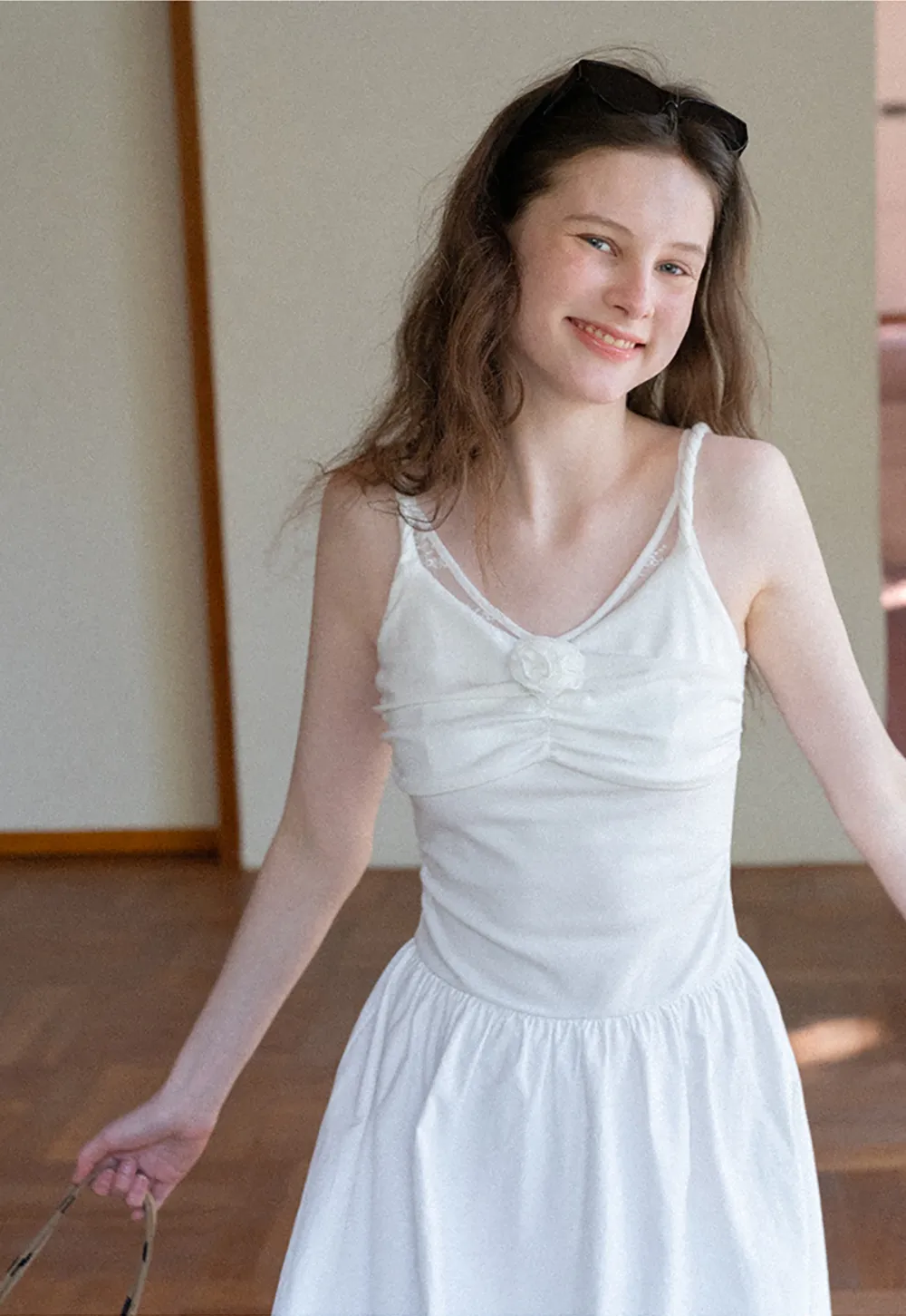 Sleeveless V Neck Midi Dress with Ruched Bodice