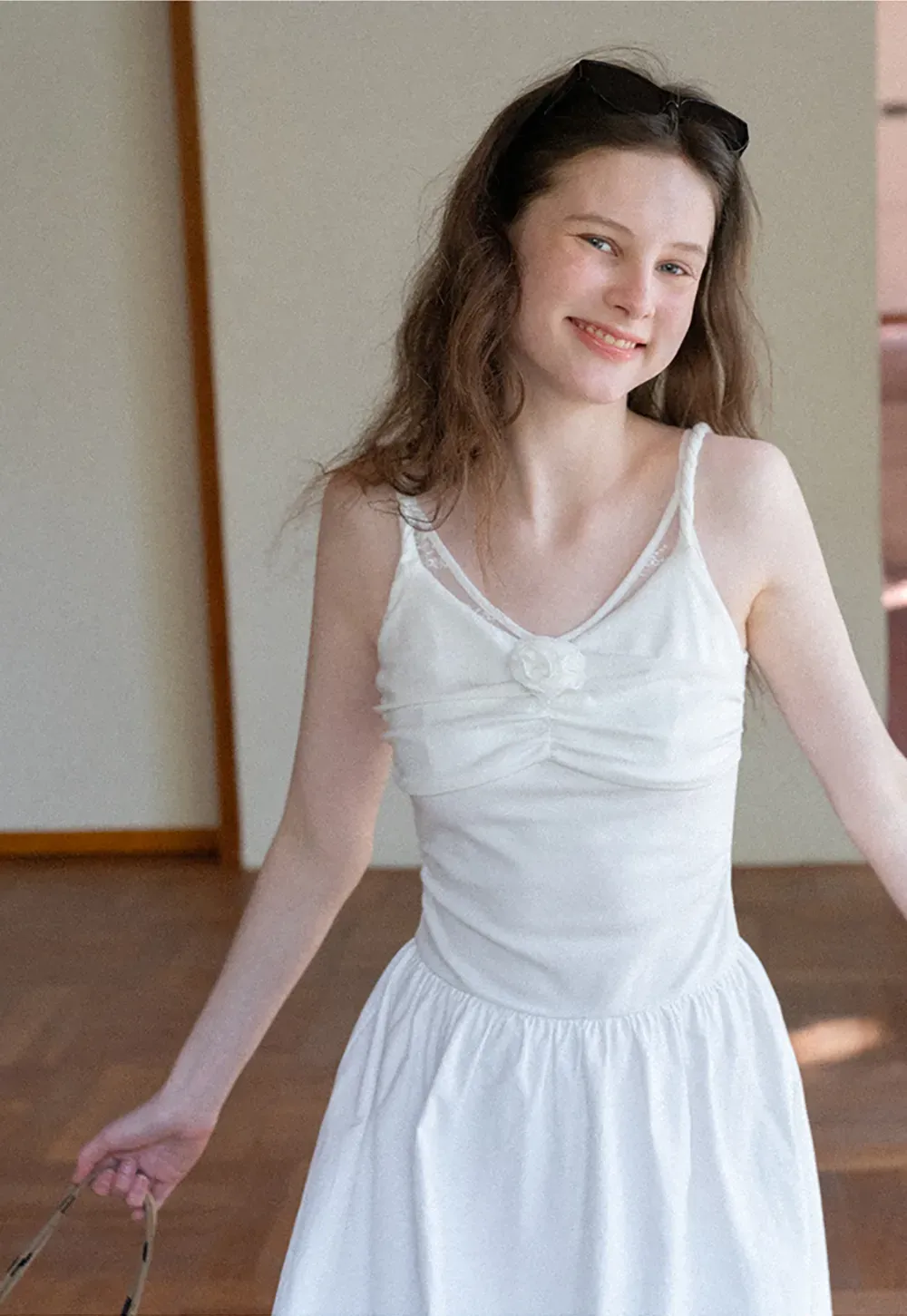 Sleeveless V Neck Midi Dress with Ruched Bodice