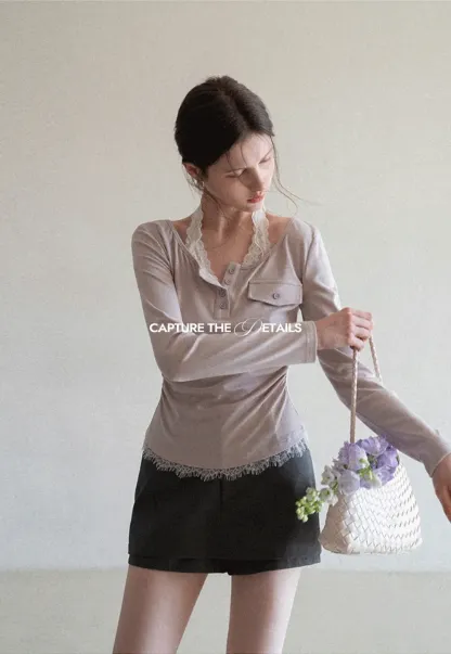 Long sleeve Henley top with lace trim