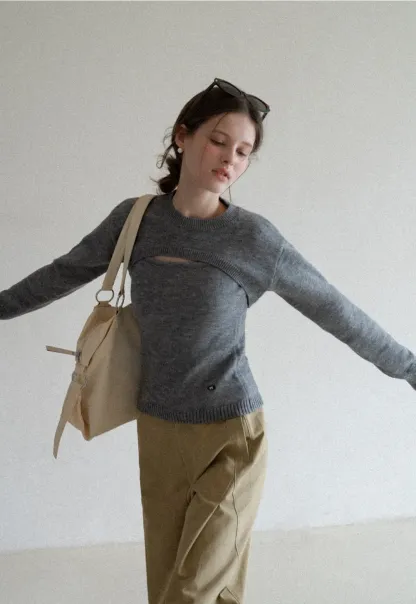 Cutout Detail Round Neck Knit Sweater