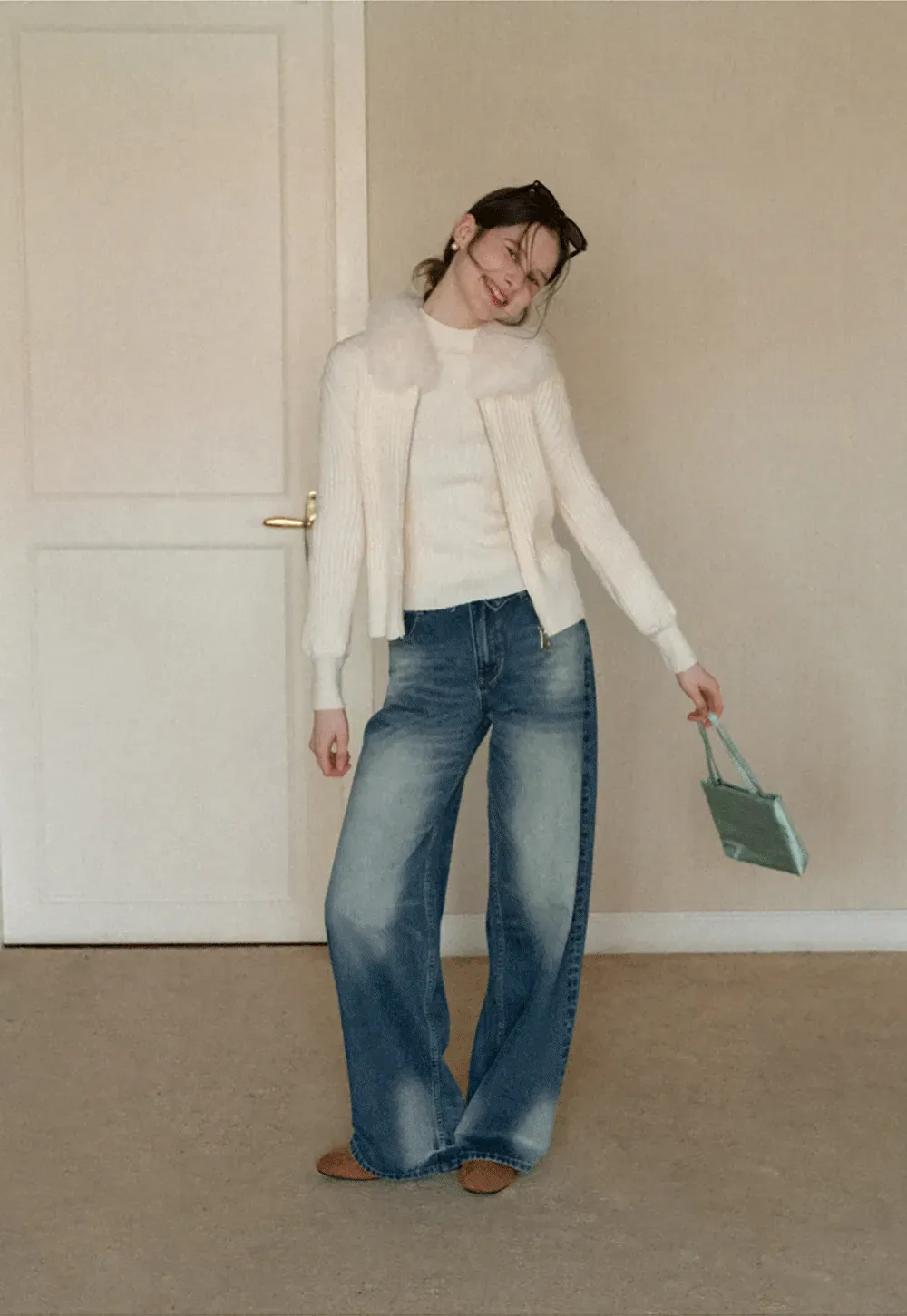 Wide leg high waist denim jeans with faded wash design