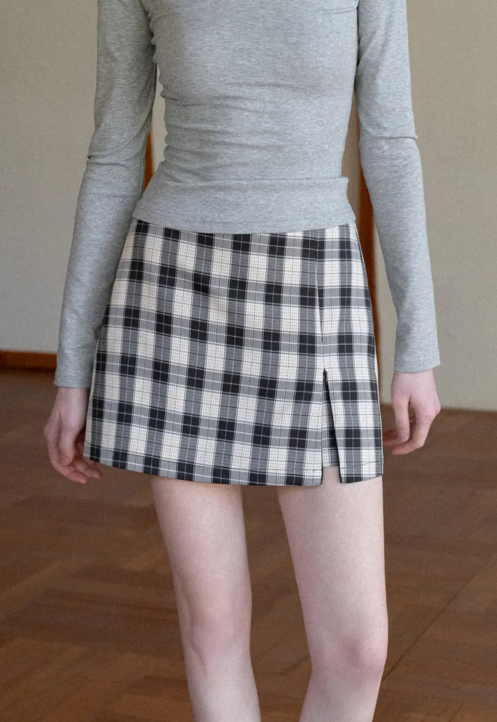 Plaid Skirt with Front Slit