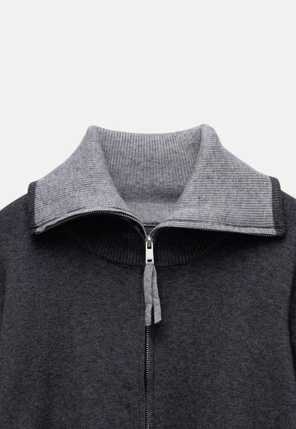 Women’s Zip-Up Knit Cardigan with High Collar