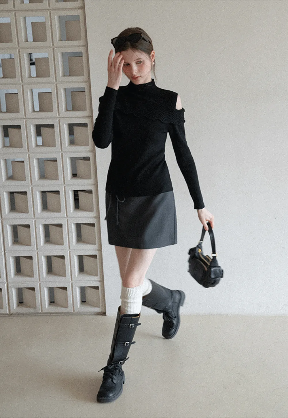 Elegant Off Shoulder Knit Sweater with Wave Detail