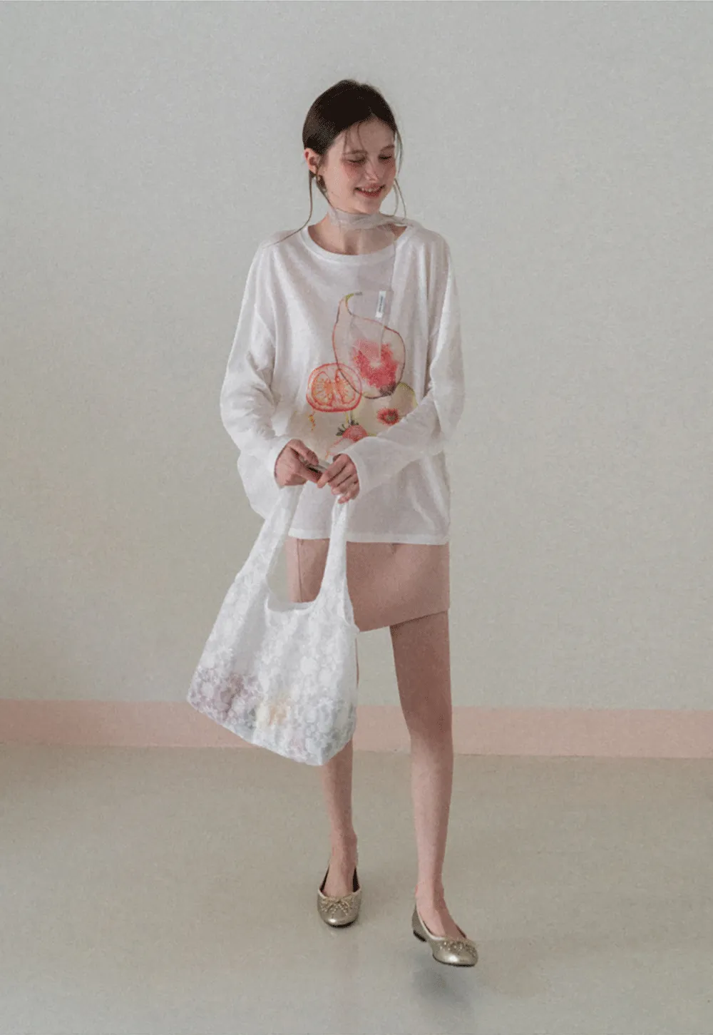 Oversized T shirt with fruit print and sheer neck detail