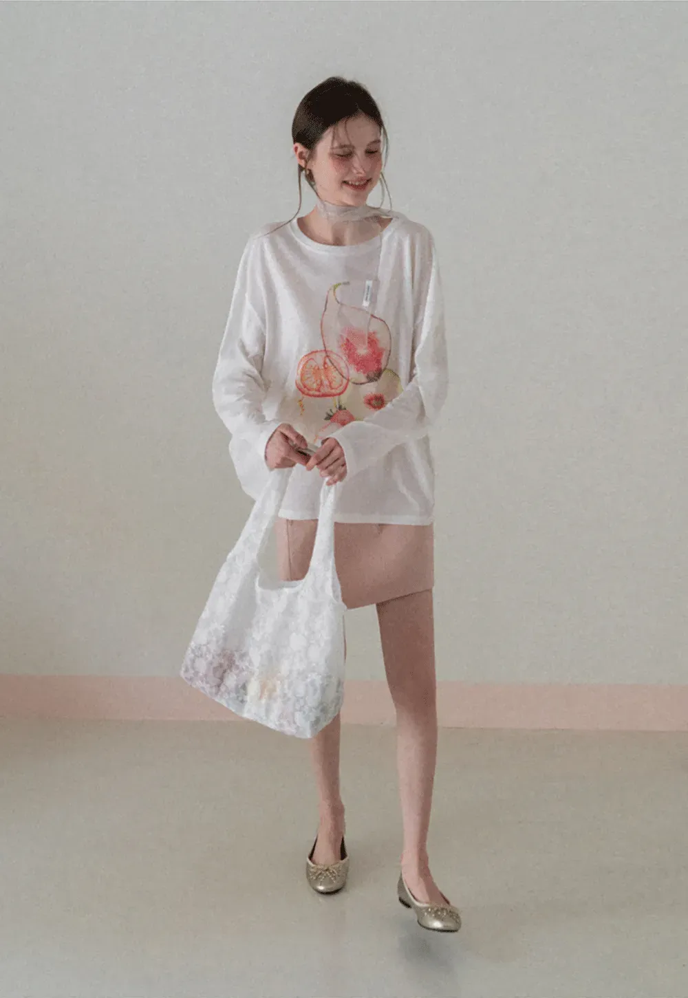 Oversized T shirt with fruit print and sheer neck detail