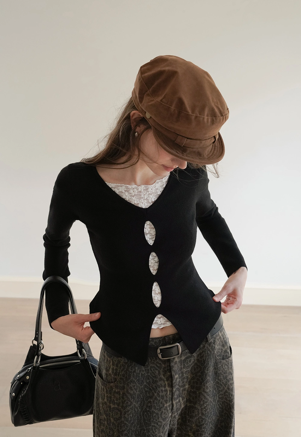 Black Long Sleeve V-Neck Cardigan with Lace Deta