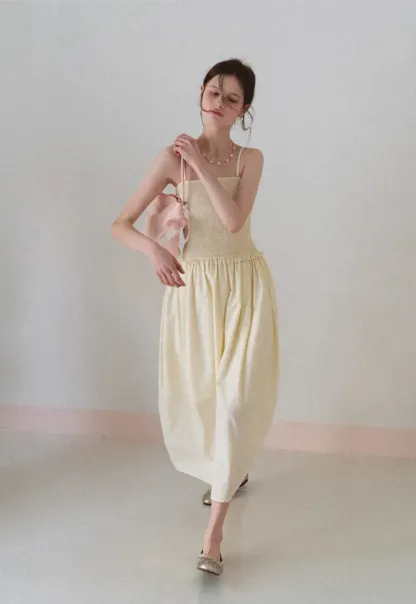 Strapless Smocked Bodice A Line Midi Dress